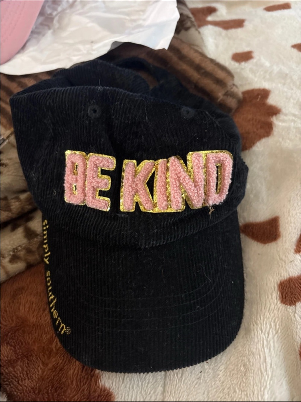 Simply Southern Black Corduroy Kids Hat with Pink & Gold 'BE KIND' Patch